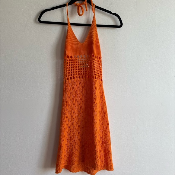 Gimaguas Sz S Pachanka Crochet Orange Resort Beach Halter Mini Dress - Picture 2 of 8